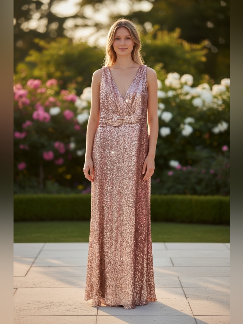 Badgley Mischka Champagne Sequin Evening Dress